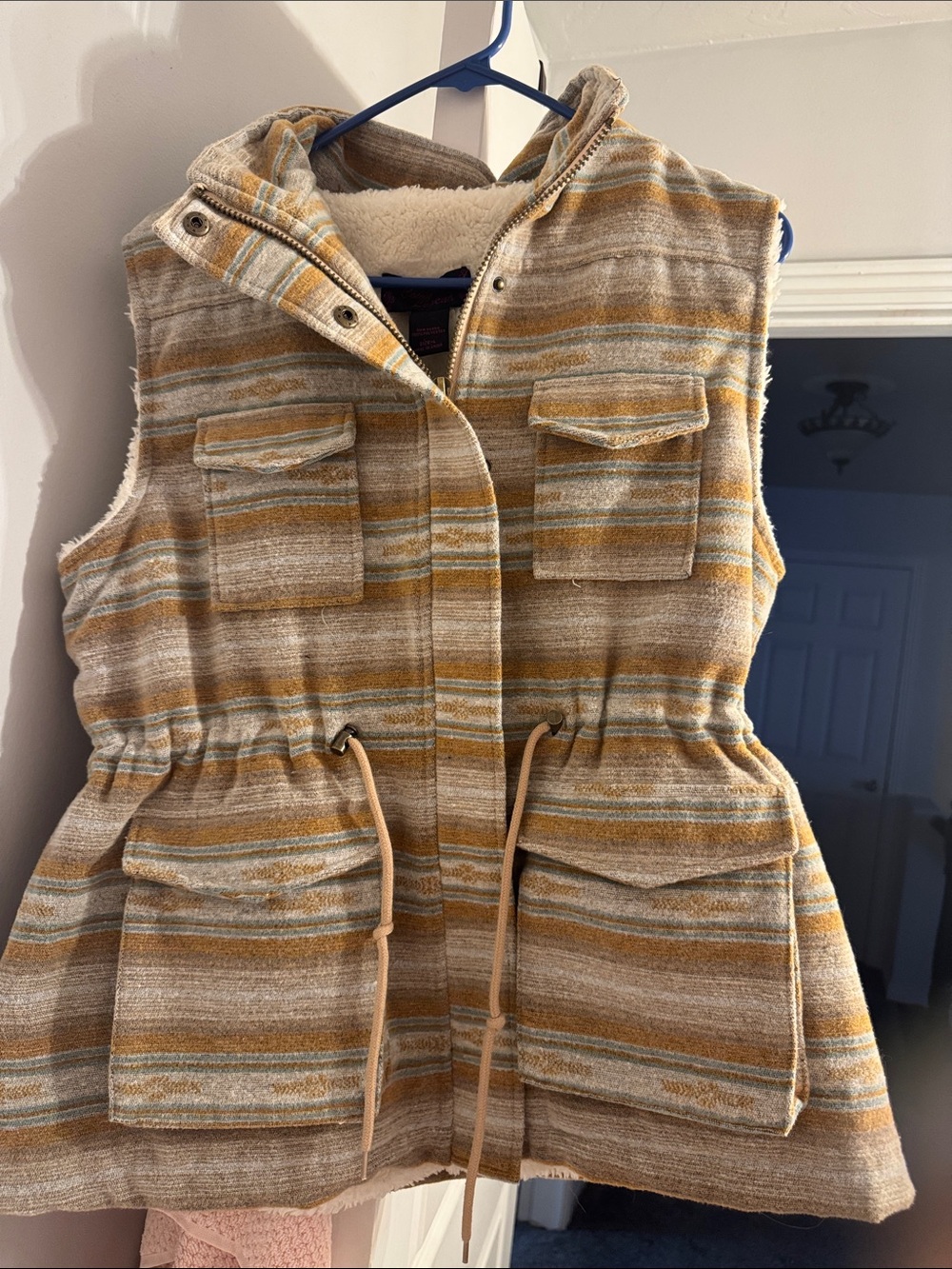 Striped Hooded Sherpa-Lined Vest - Mustard/Beige. Super thick and warm.